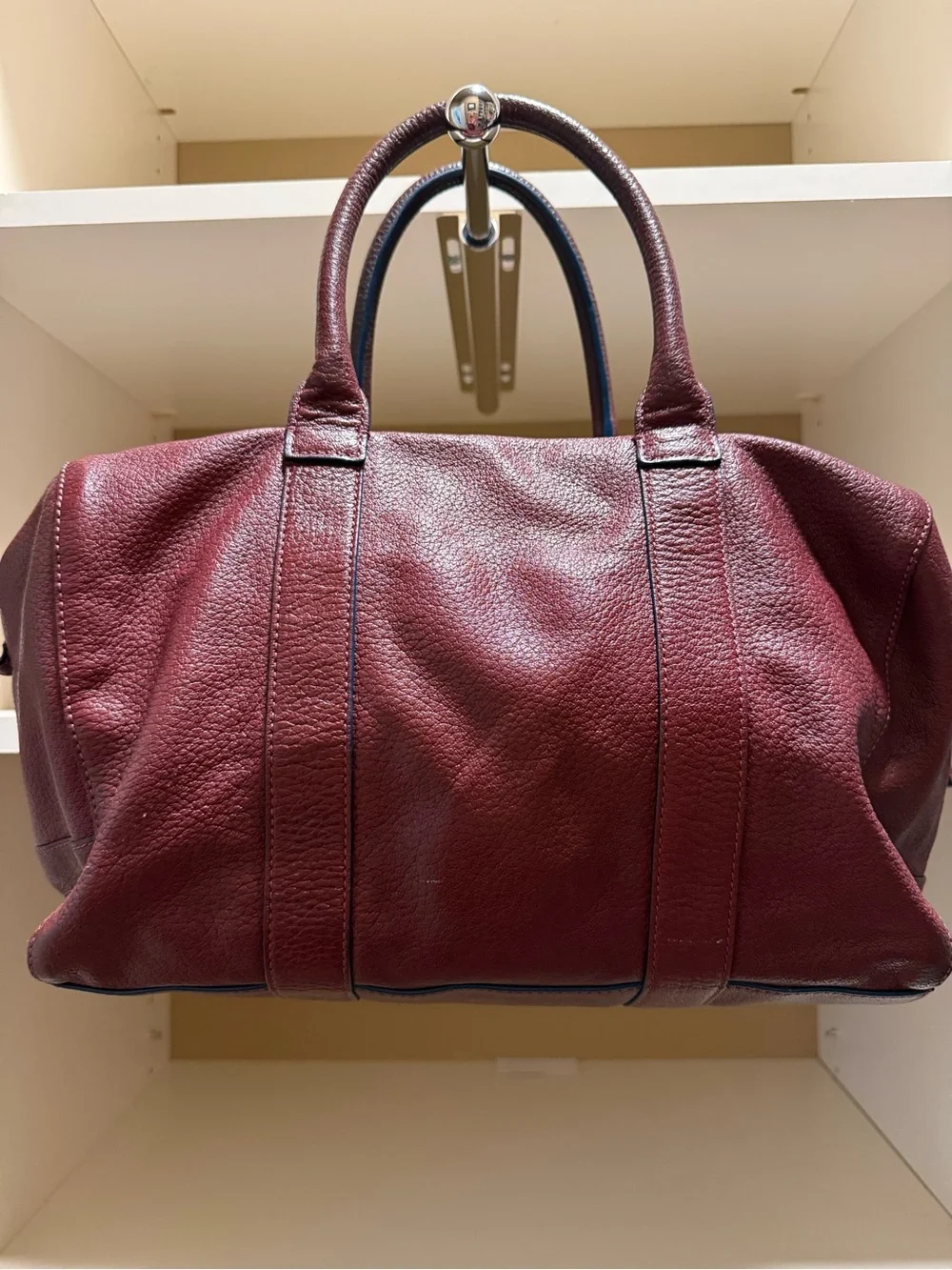 Tory Burch Wine Pebbled Leather Satchel with Gold Logo